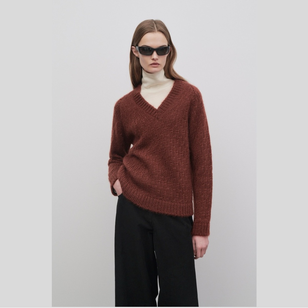 The Row Finley V-Neck Mohair & Silk Sweater in Rust